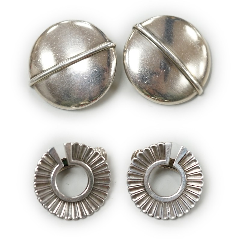 Two pairs of Georg Jensen sterling ear clips, design no. 232, 24mm and no. 92, with one Jensen box.